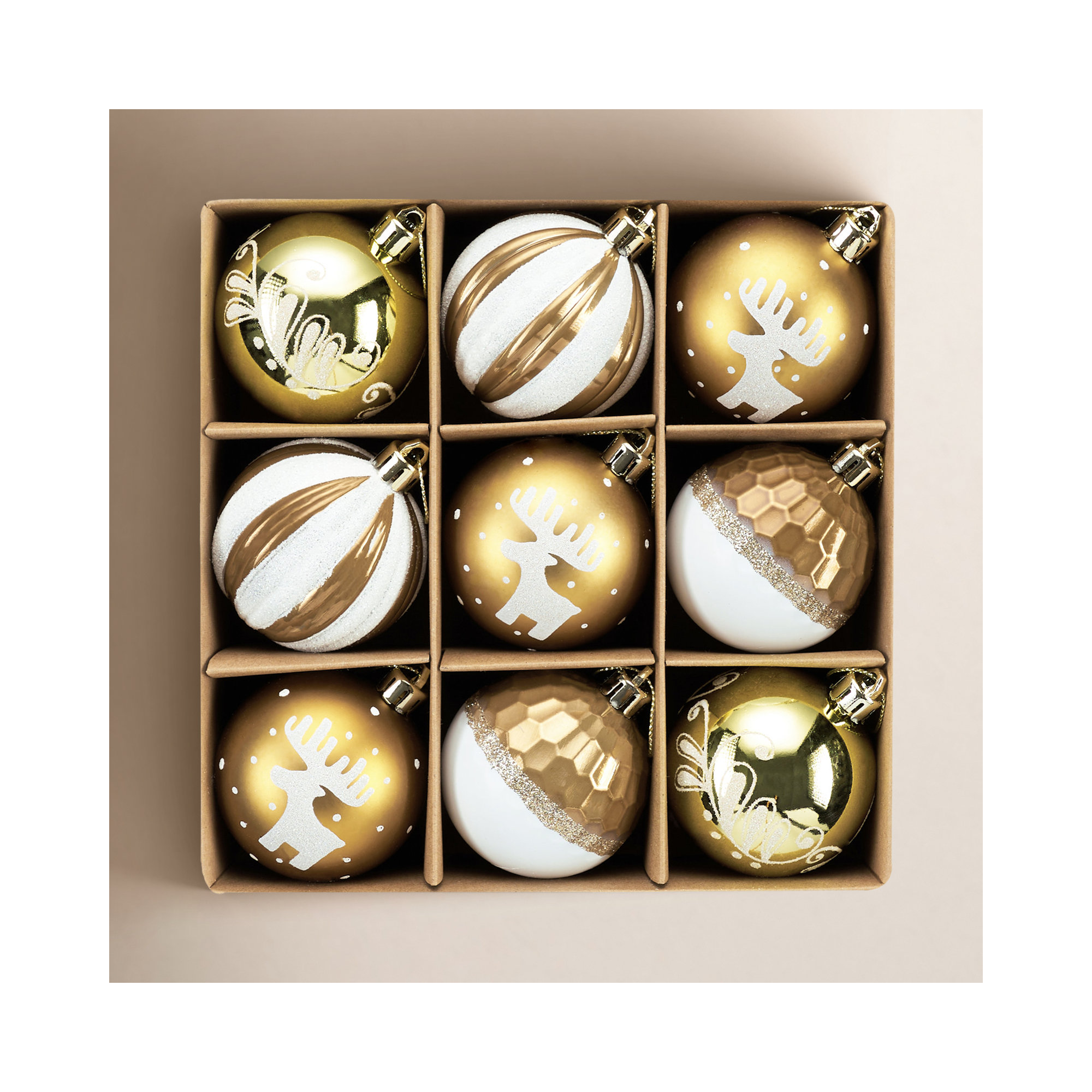 9ct 60mm Shatterproof  Christmas Ornaments,, Gold/White