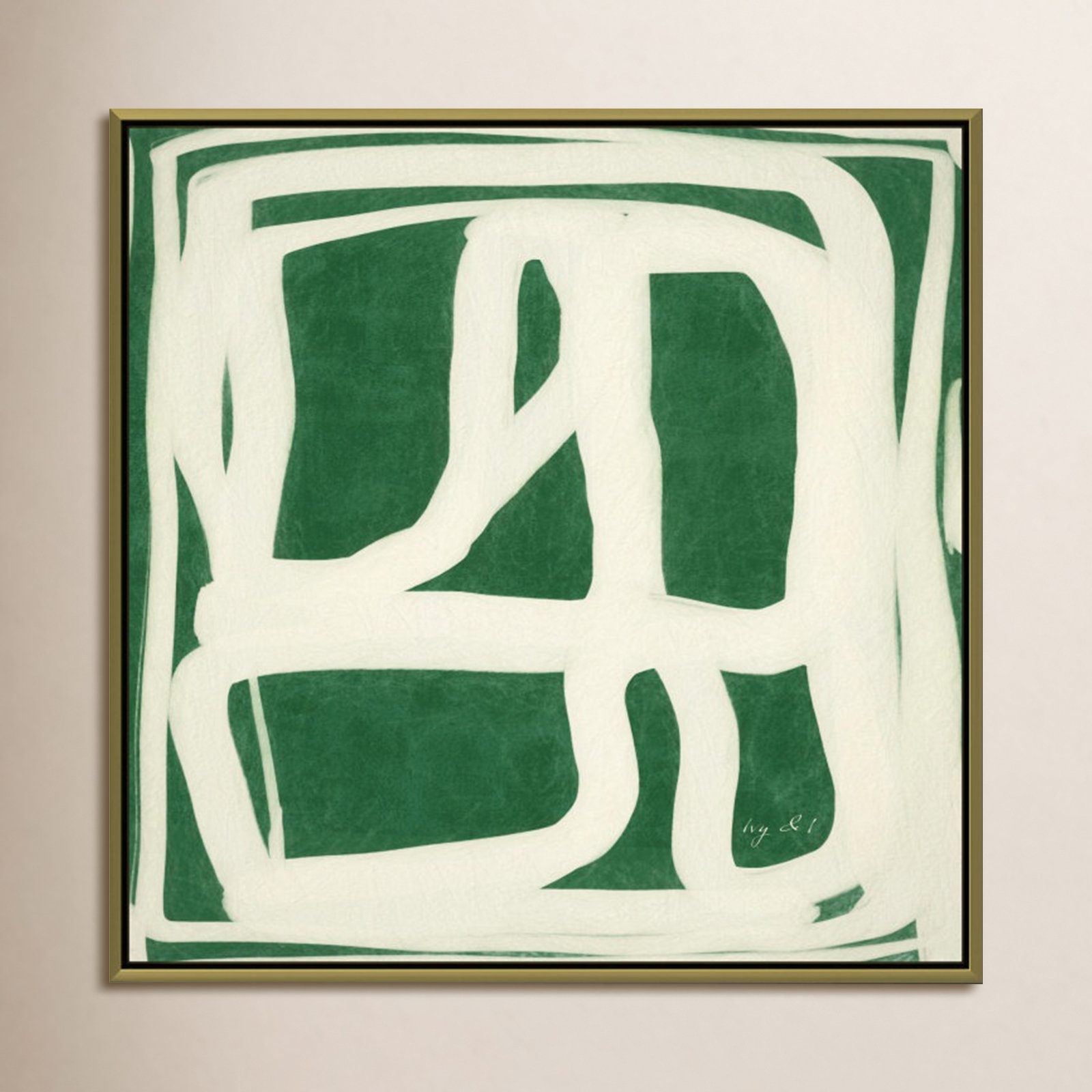 Green White Movement Painting by Ivy and I, 30" H x 30" W x 2" D, Gold Framed Canvas, No