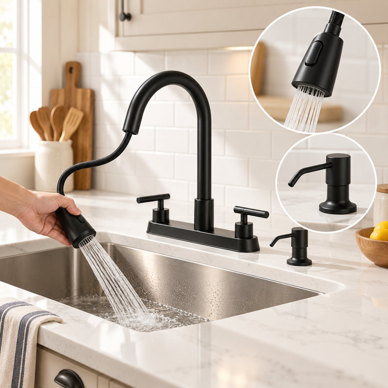 Robinet de lavabo Mosson noir mat avec douchette extractible, fonction pause et distributeur de savon