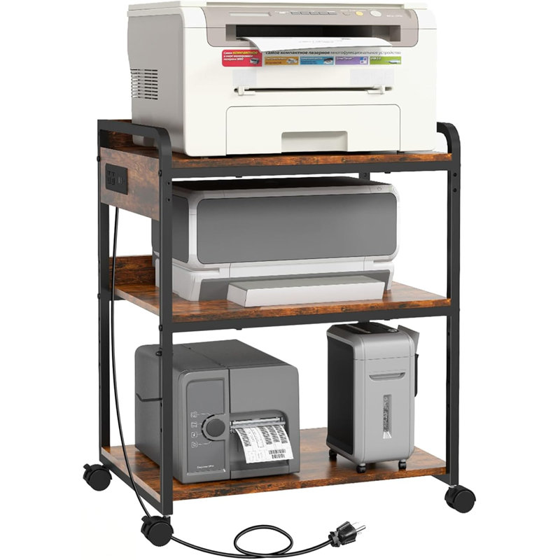 3-Tier Printer Stand With Wheels, Adjustable Shelf, Power Outlet & USB Port For Home Office