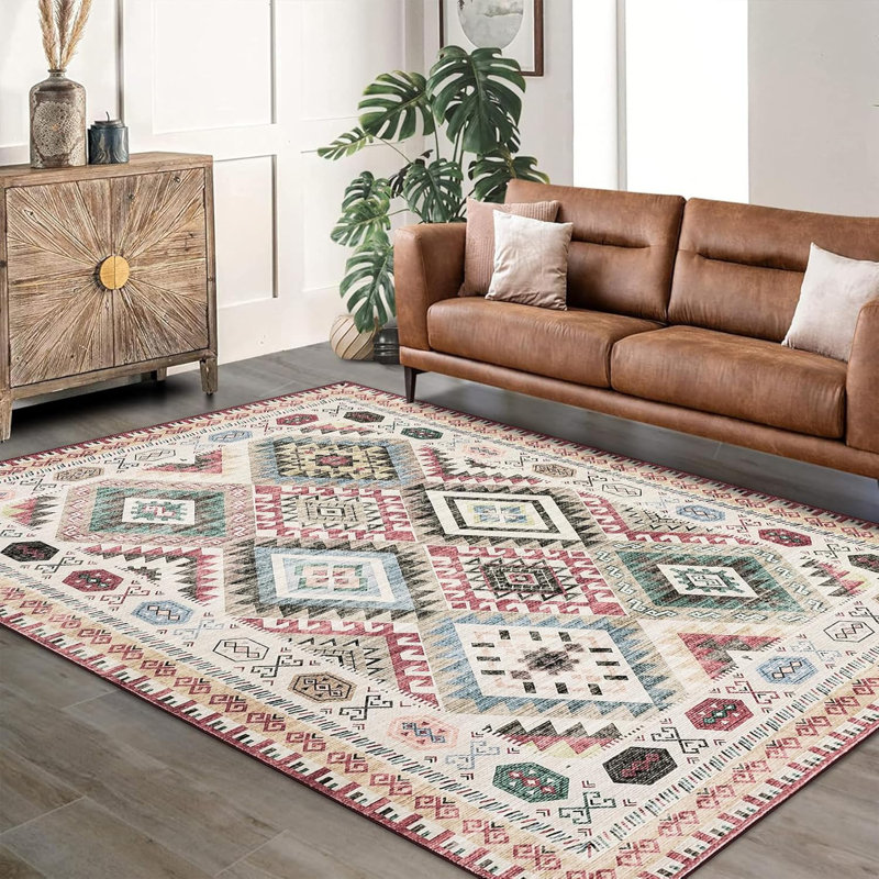 Washable Modern Area Rug Geometry Style Bohemian Rustic Geometric Easy-Cleaning Bedroom Kitchen Living Room Non Shedding Dining Nursery Farmhouse Rugs