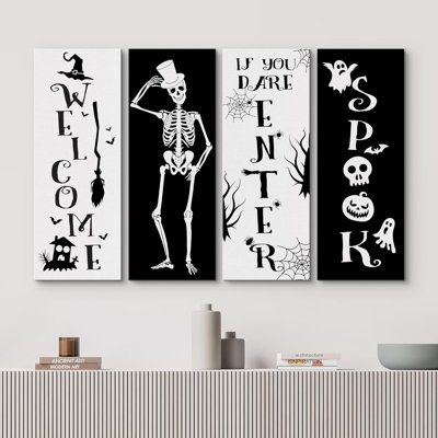 Halloween, squelette, signe de bienvenue, vacances, effrayant, citrouille effrayante, décoration bohémienne sur toile, 4 pièces