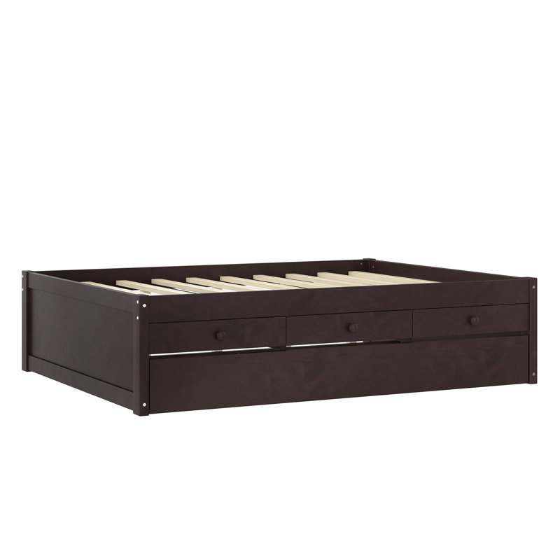 Twin Size Solid Wood Platform Bed with Trundle, 2 Drawers and Built-in Power Strip, Espresso, Twin, Espresso