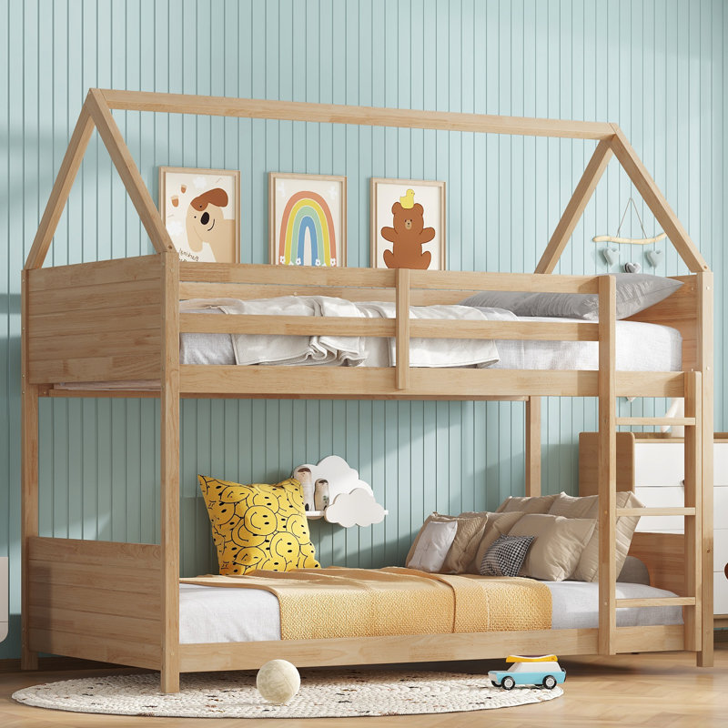 Twin Over Twin House Floor Bunk Bed With Headboards, Footboards And Guardrails, Ladder, Rubber Wood Bunk Bed With Safety Guardrails,White Oak