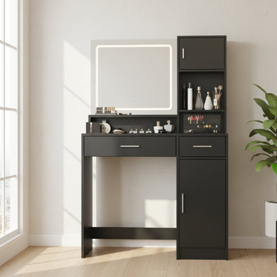 Black Vanity Desk With Mirror And Led Lights, Dressing Table With Large Drawer And 3-tier Storage, Adjustable Brightness For Bedroom