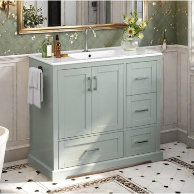 Meuble-lavabo autoportant de 42 po avec lavabo en céramique, 4 tiroirs, tablettes de porte et barre à serviettes réversible, transitionnel, 42 po