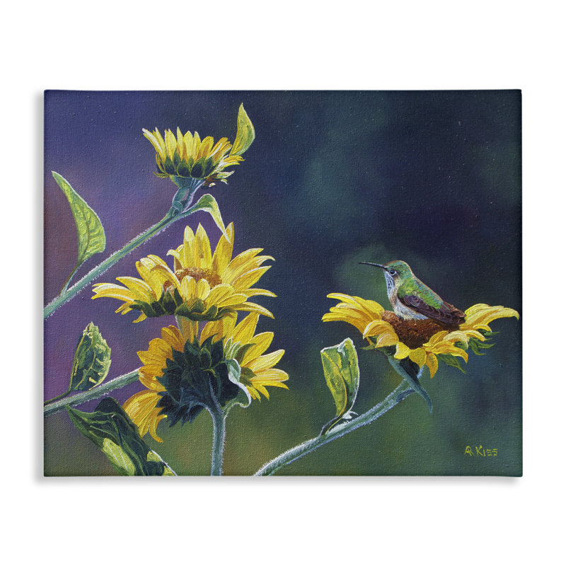 Art mural sur toile reposant des oiseaux sur des tournesols par Andrew Kiss, H 30 po x l 40 po