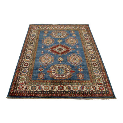 4x6 Blue and Ivory Kazak Tribal Rug