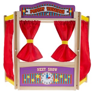 Wooden Puppet Theater Bonus 2 Hand Puppet, Rundad Double-Sided Lemonad