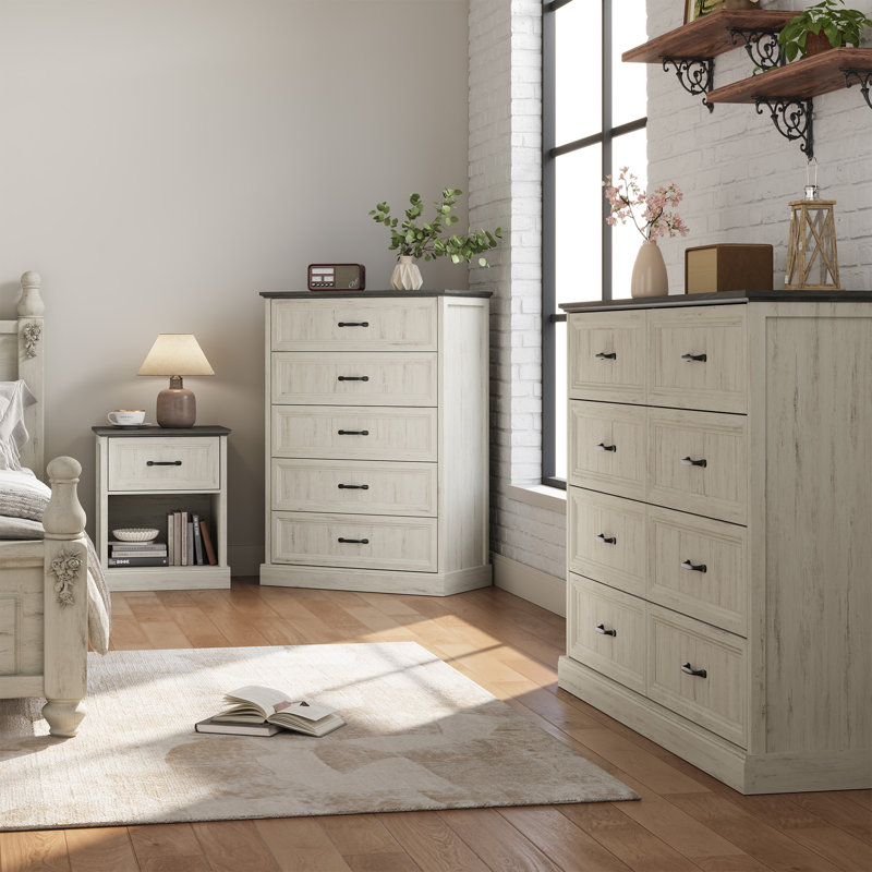 4 Pieces Bedroom Set Include 8 Drawer Dresser, 5 Drawer Tall Chest And Two Nightstands With Bookcase, White
