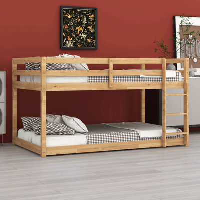 Twin Over Twin Solid Rubber Wood Floor Bunk Bed – Ladder & Strengthened Slat Upper/Bottom Platforms