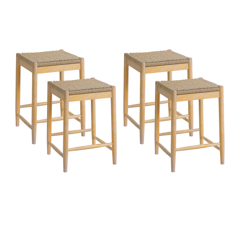Sierra Rustic Solid Acacia Wood Counter Stools With Woven Rope Seat And Backless Design