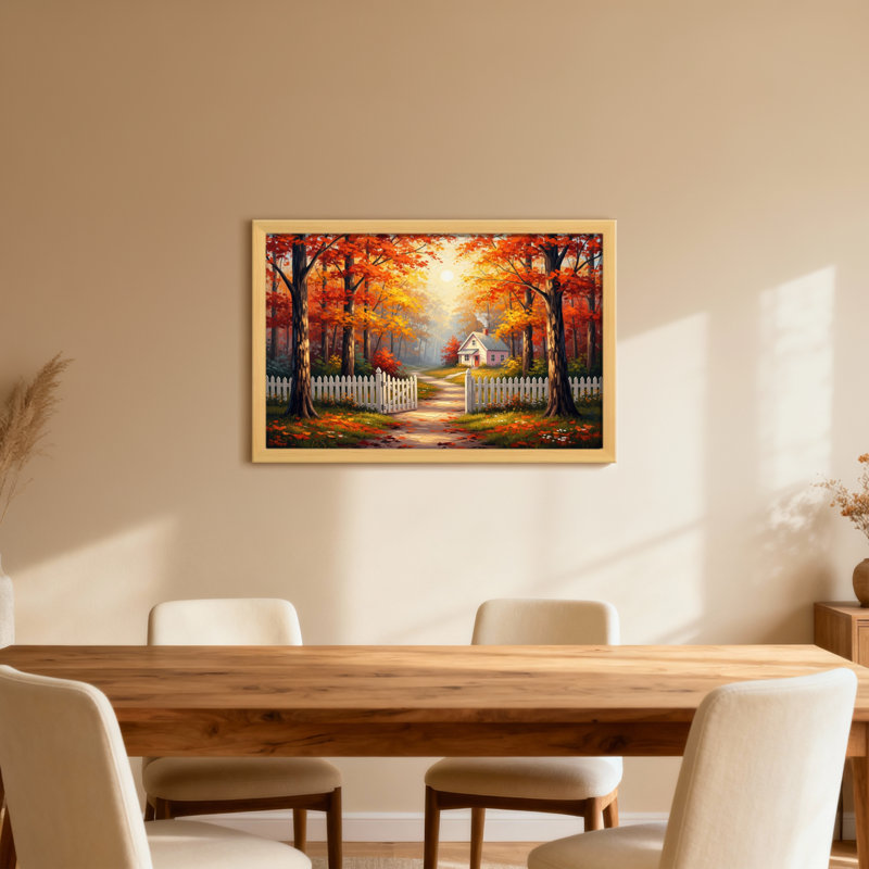 Plantes et fleurs, arbres d'automne, chemin de campagne, clôture, feuilles, soleil, jardin, H 12 po x l 18 po, Toile tendue