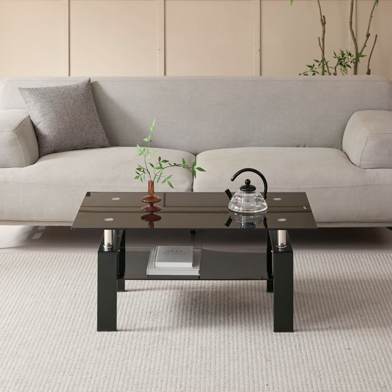 Table basse en verre trempé noir, H 17,32 po x L 39,37 po x l 23,62 po, Noir, Noir