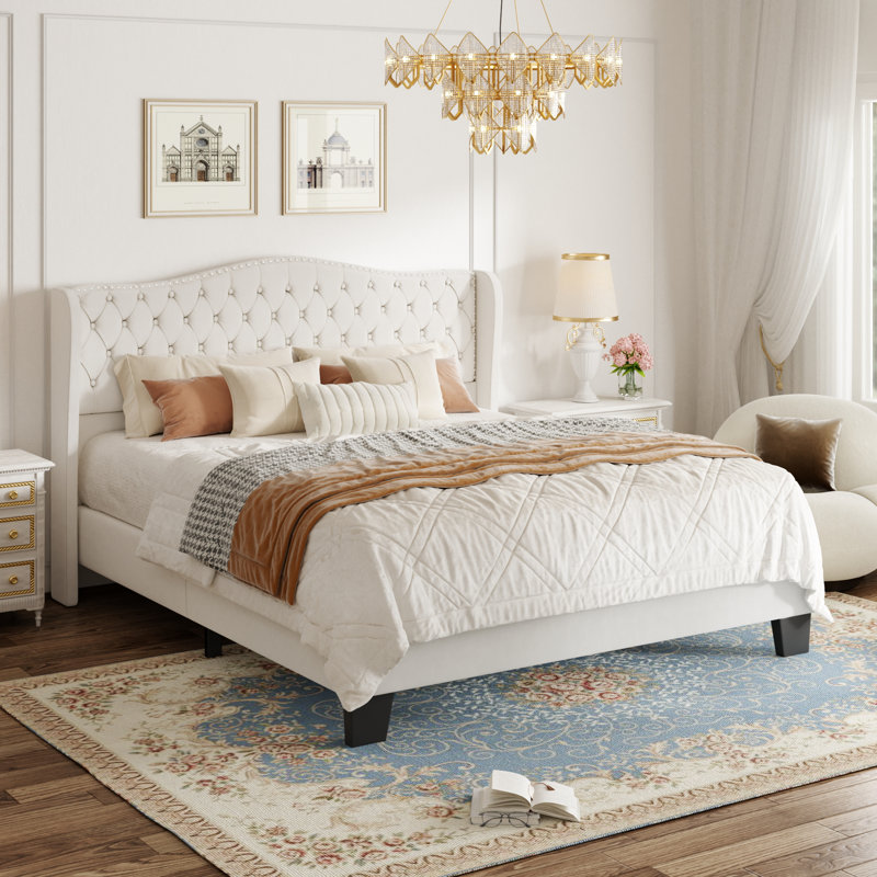 Structure de lit plateforme tapissier avec tête de lit à oreilles capitonnée, Beige, Roi