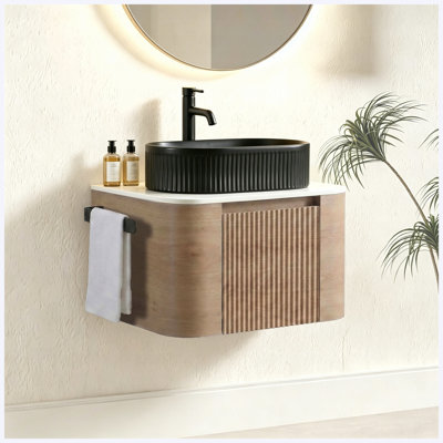 Meuble-lavabo 24 po en chêne miel avec lavabo, armoire murale avec porte-serviettes gratuit, lavabo en céramique rayé ovale noir, meuble-lavabo pré-assemblé