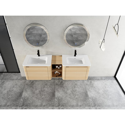 Meuble-lavabo 68 po avec lavabo en céramique blanche, tablettes de rangement, 2 portes à fermeture en douceur, armoire en contreplaqué et chêne américain avec contreplaqué, apparence dans l'ameublement