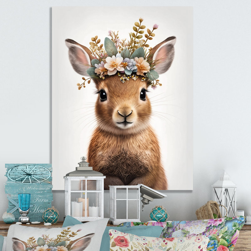 Adorable bébé lapin avec couronne florale I - reproduction d'art sur toile, H 20 po x l 12 po x P 1 po, Toile tendue