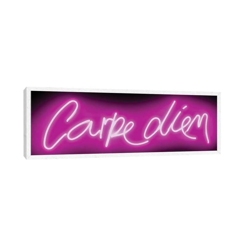 Neon Carpe Diem Pink On Black by Hailey Carr - Panoramic Print on Canvas, 30.48 cm H x 91.44 cm W, White Framed