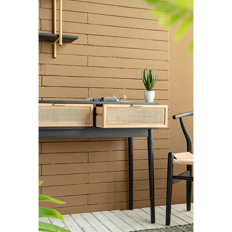 Rattan 2-Drawer Console Table - Black/Rattan