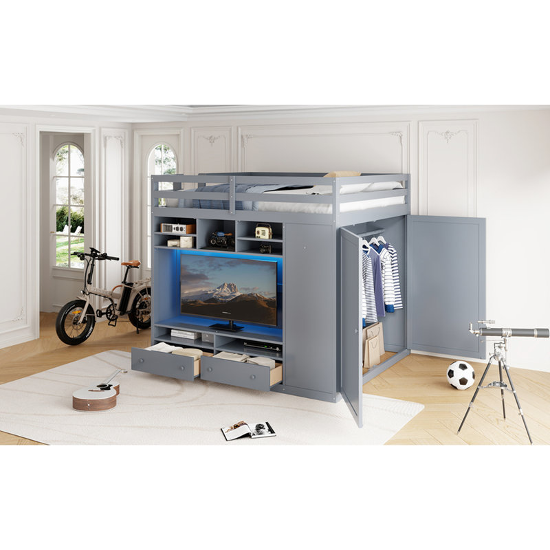 Lit mezzanine double gris avec système de rangement intégré, garde-robe et éclairage à télécommande pour chambres d'adultes Espace de rangement spacieux: tiroirs, tablettes, compartiment caché