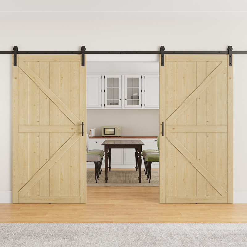Porte de grange coulissante en bois de sapin massif 84 po H 84 po, à peindre, avec garde-robe, 72" × 84", Bois de sapin