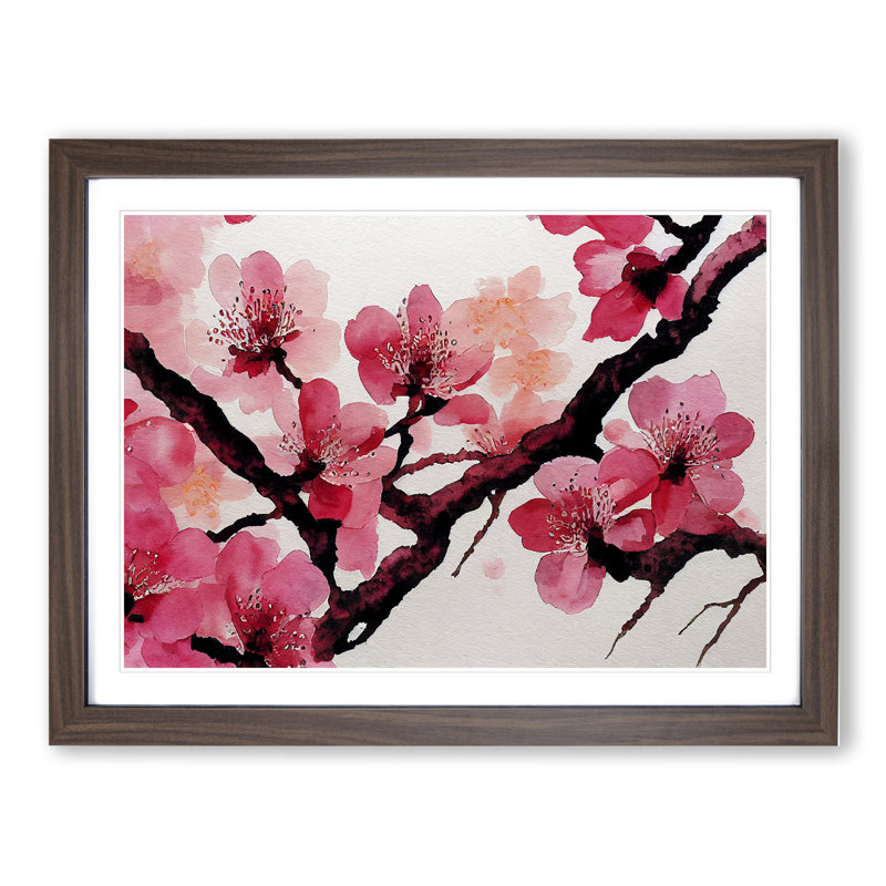 Cherry Blossom Flower Watercolour Vol.2 - Single Picture Frame Painting, Walnut, 34cm H x 46cm W x 2cm D