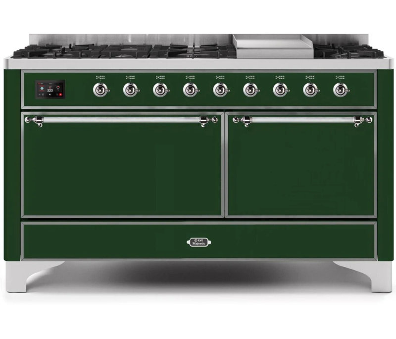 ILVE UM15FDQNS3BKCLP Majestic II 60 inch Dual Fuel Range with 9 Burners, Griddle (Liquid Propane, Solid Door, Glossy Black, Chrome)