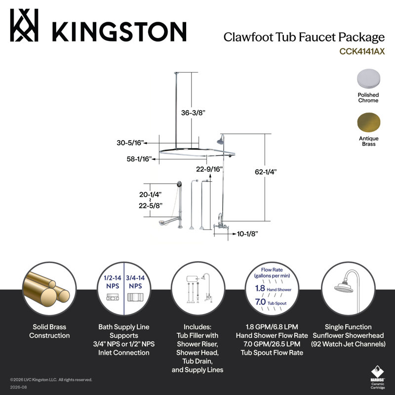 Kingston Brass Vintage Three-Handle 2-Hole Tub Wall Mount Clawfoot Tub Faucet Package with Shower Enclosure, Polished Chrome