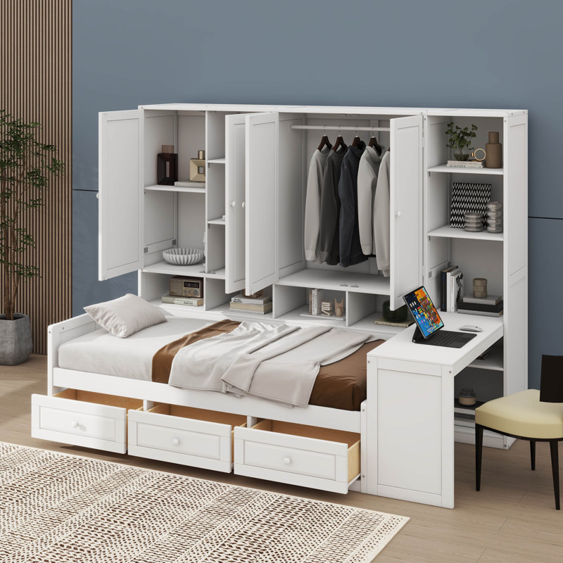 Lit de jour en bois avec trois tiroirs, rangement combiné, bureau et système d'étagères, Simple, Blanc