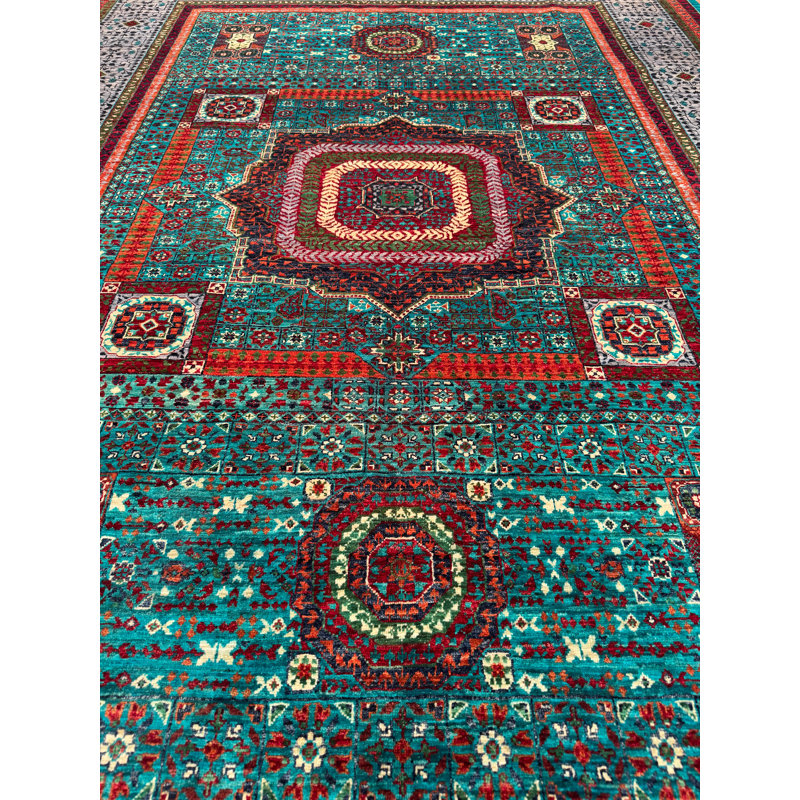 Tapis en laine et coton bleu sarcelle original noué à la main à motif mamelouk