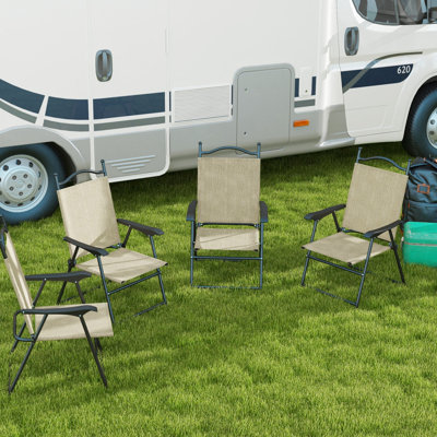 Chaises de patio pliantes, de 4 pour adultes. Chaises de camping beige avec. Structure en métal robuste, résistant aux intempéries. Siège pour deux personnes, charge de 528 lb. Conception distinctive. Patio de jardin antique. Drain de siège à lattes