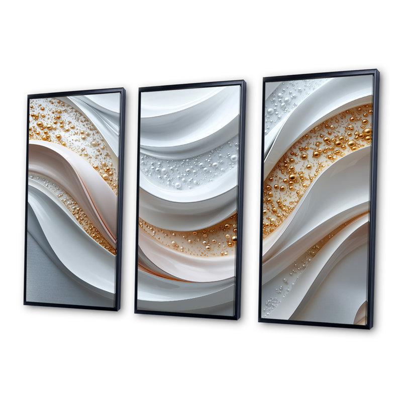 «White and Gold Fractal Marble Waves III - Abstract Spirals», ensemble d'art mural, Toile avec cadre flottant noir