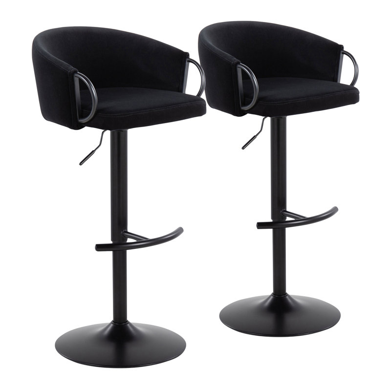 Set of 2 Adjustable Black Metal and Cream Velvet Swivel Barstools