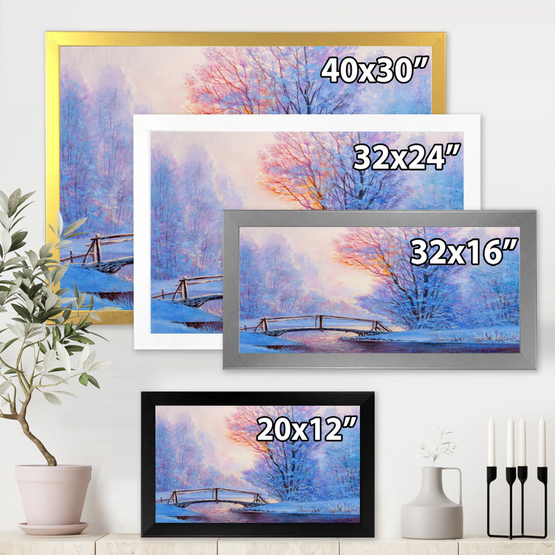 Paysage d'hiver avec une rivière et un pont - reproduction sur toile, H 24 po x l 32 po x P 1,5 po, Toile avec cadre noir