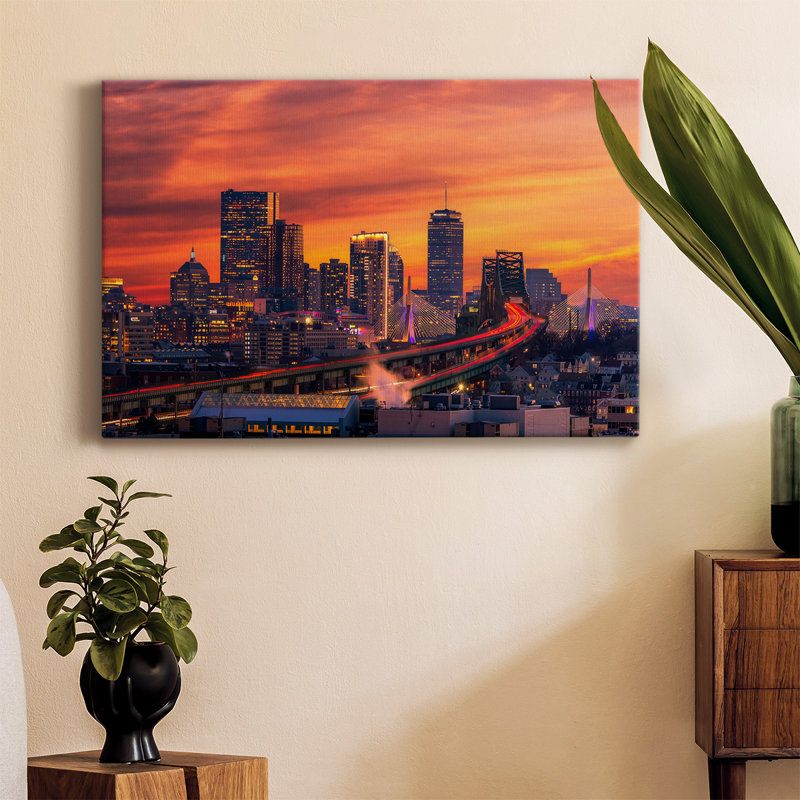 6_Boston Skyline At Sunset, toile tendue avec châssis de qualité supérieure - prête à être accrochée
