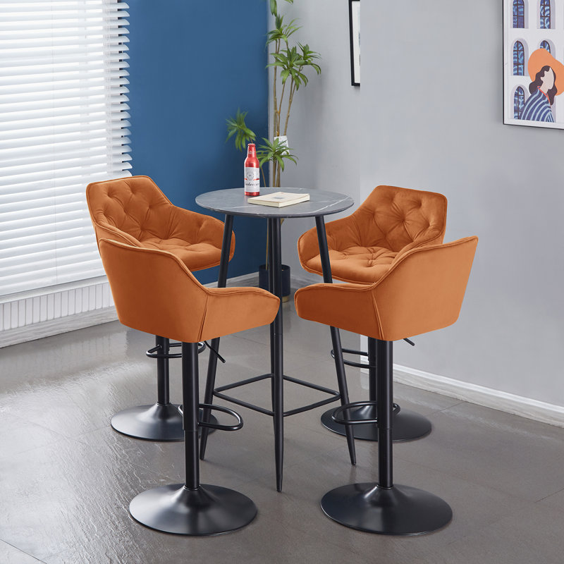 Kafka Velvet Upholstered Height Adjustable 360 Swivel Bar Stools, Orange