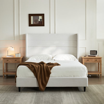 Upholstered Beige Wingback Bed