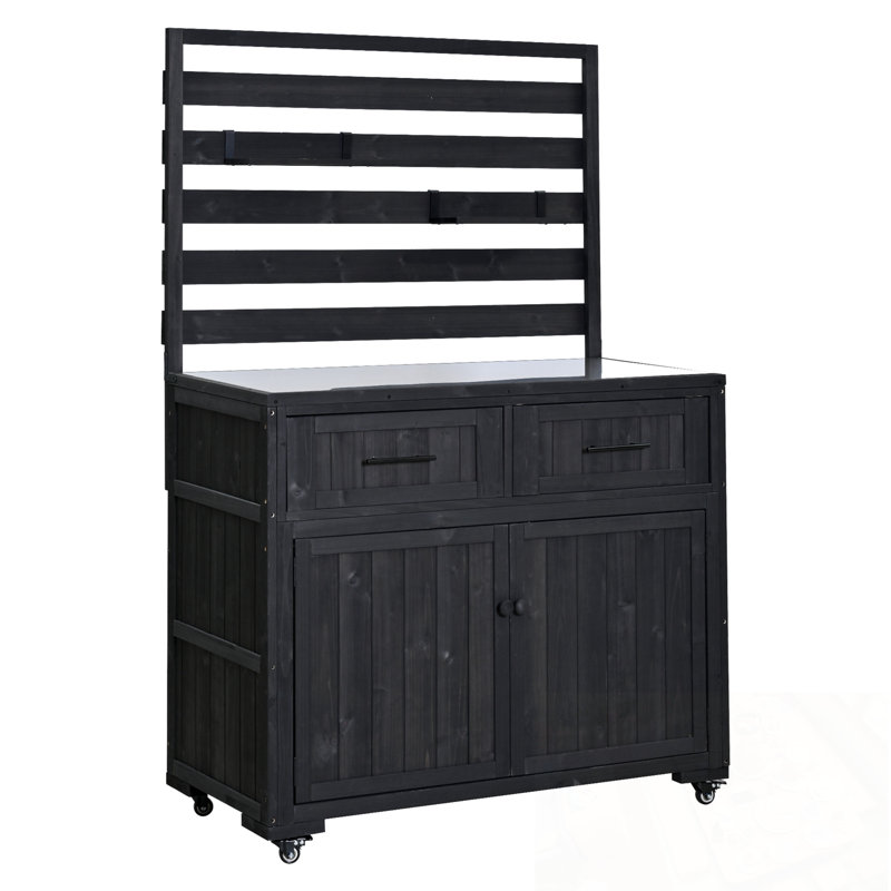 Îlot de cuisine pour patio avec plateau en acier inoxydable, 3 tablettes mobiles et 2 tiroirs, Noir
