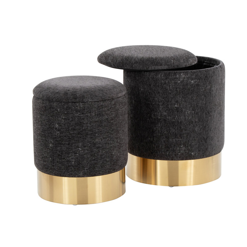 Contemporary Nesting Ottoman Set In Metal And Black Fabric, Black