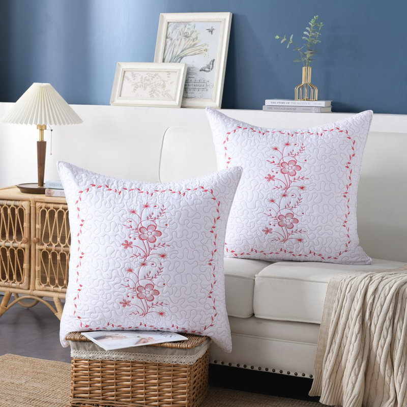 White and Red Embroidered Polyester Standard Pillow Shams