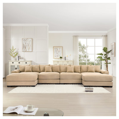 Canapé modulaire surdimensionné en U en velours côtelé de 170 po avec repose-pieds double et coussins décoratifs en velours côtelé Cameloy