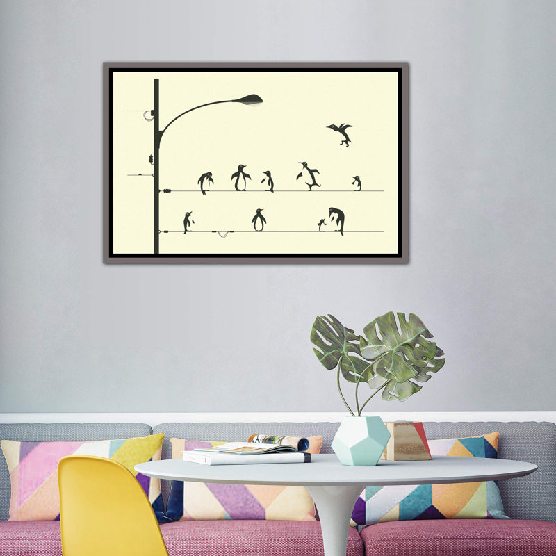«Penguins on a Wire», art encadré, H 40 po x l 60 po x P 1,5 po, Dark Rustic Wood Framed Canvas