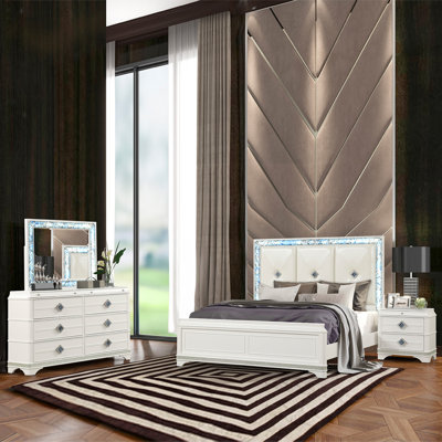 Blue Luxe 4-Piece Queen Bedroom Set With Upholstered LED Bed And Crystal Accents