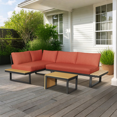 Modern Outdoor Sofa Set With Teak Accents, White Frame, Thick Cushions by Latitude Run