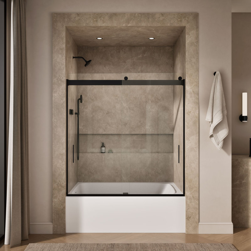 Porte de baignoire de dérivation 59,62 "x 62" avec technologie CleanCoat Levity, Noir mat, Transparent