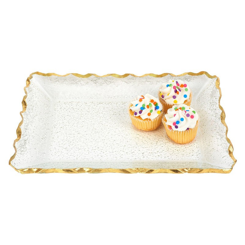 Plateau ou plateau rectangulaire en verre bullé à rebord doré festonné