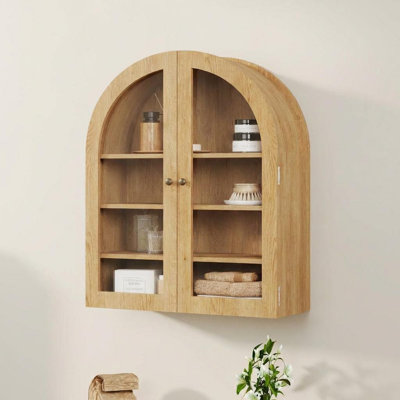 Armoire murale cintrée en chêne, armoire à pharmacie décorative avec porte vitrée et étagères réglables, rangement mural multifonctionnel pour cuisine et entrée – Chêne