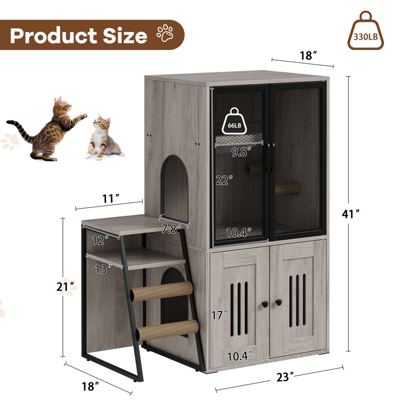 Meuble de litière pour chat double couche avec plateforme, échelle, hamac et porte en filet métallique, maisonnette d'intérieur moderne pour chats multiples