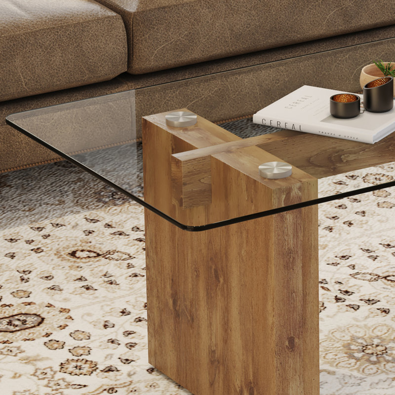 Table basse et table de salle à manger en verre trempé transparent moderne minimaliste, jumelée à des colonnes décoratives en bois aggloméré. Bureau d'ordinateur. Table de jeu.